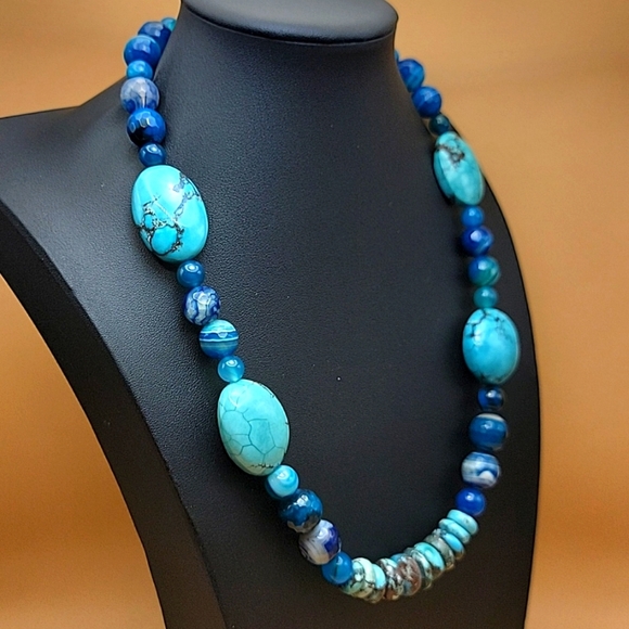 640 Cts Natural Turquoise & Blue Faceted Onyx Beaded Boho Gemstone Necklace - Picture 2 of 10